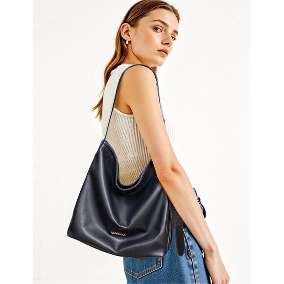 Women's Tote Hobo Vegan Leather Shoulder Strap Zippered Pocket Black Bag - Picture 2 of 5